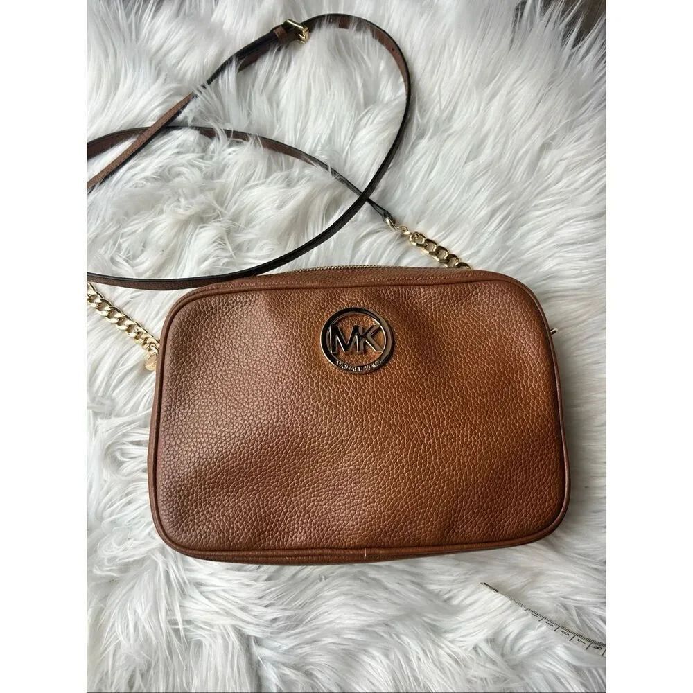 Michael Kors  Fulton Tan Leather Crossbody Bag with Gold Chain and MK Logo
